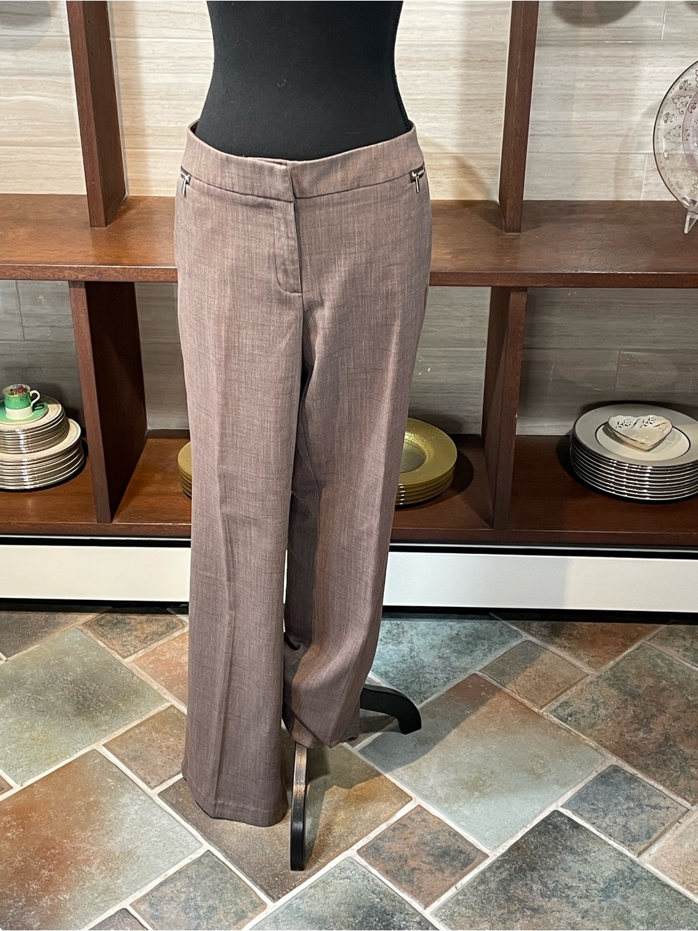 Brown Flat Textured Boot Cut Office/Dress Pants - Zip Pocket Accent -Sz 8 Tall